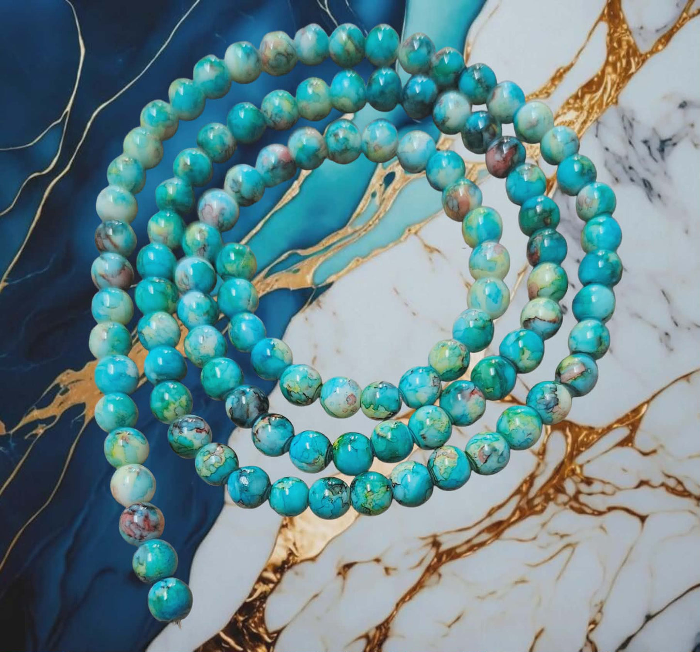 Baking Painted Glass Beads Strands, Swirl Glass Beads, Round, Light Sea Green