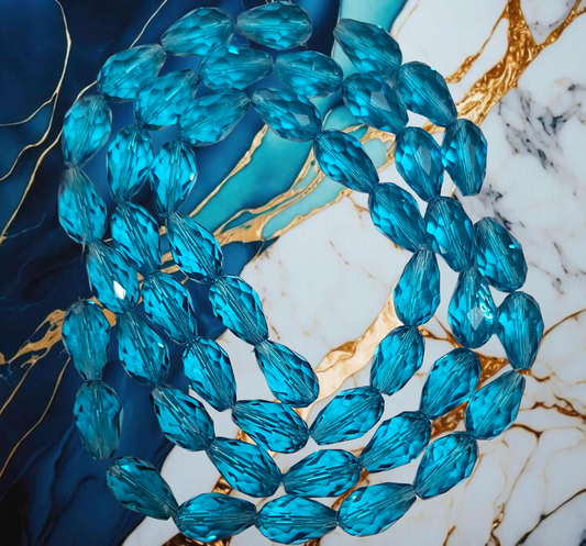 Glass Beads Strand, Faceted, Tear Drop, Light Blue